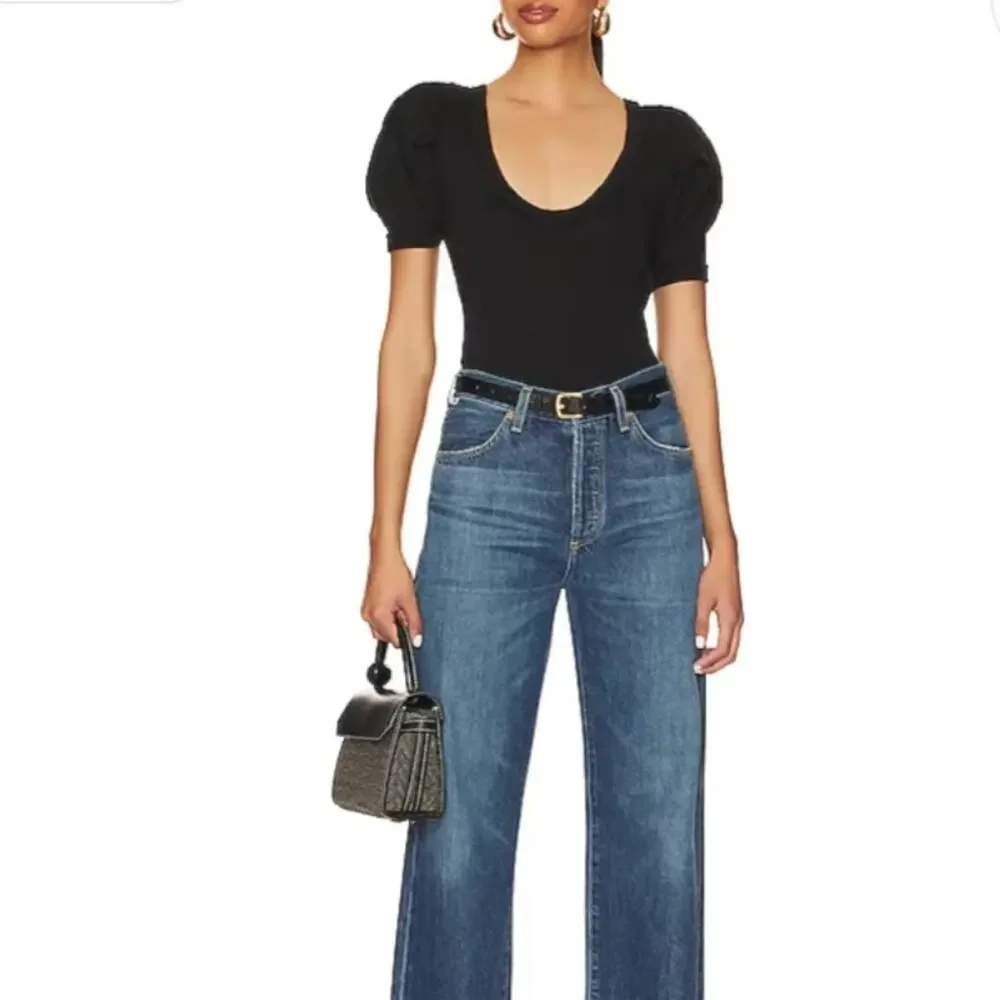 Free People Papaya Puff Sleeve Short Sleeve Knit Top Black NEW Womens XS